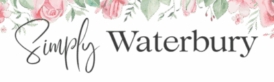 Simply Waterbury logo with soft watercolor florals and elegant script typography
